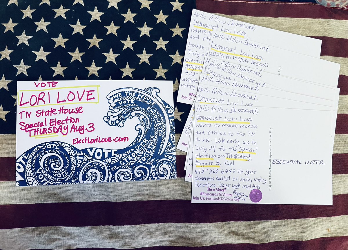 Moodmachine's tweet photo. #PostcardsToVoters urging Tennessee voters to elect Lori Love for TN State House. Special election THURSDAY August 3. Restore morals & ethics to the TN House! Write with us at https://t.co/fkLkjQq4rs @DemocratWit #StoneMavenDesigns #VoteBlue #VoteToBeHeard https://t.co/zyDYI7iPJ5