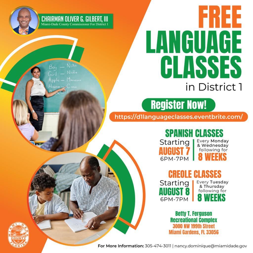 Ogilbert's tweet photo. District 1οΈβ£ Presents: FREE Language Classes!
π Spanish Classes start August 7th from 6pm-7pm, every Mon & Wed.
π’Creole Classes start August 8th from 6pm-7pm, every Tue & Thur.
βοΈFor more information: Call 305.474.3011
#WeRiseInDistrict1 #OurCounty #FreeLanguageClasses https://t.co/pRIW2gTr8q