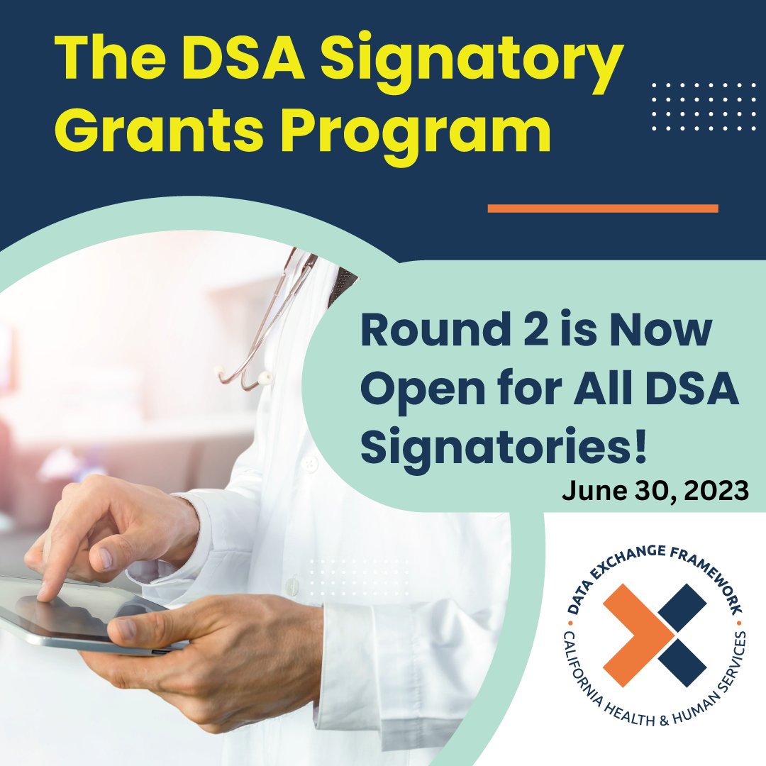 Round 2 of the DSA Signatory Grants Program is OPEN! All DSA Signatories can apply. Follow the steps below to apply for Technical Assistance (TA) and QHIO Onboarding Grants. 

Grant applications DUE September 1, 2023

conta.cc/3XOCqst
conta.cc/3K13G1m