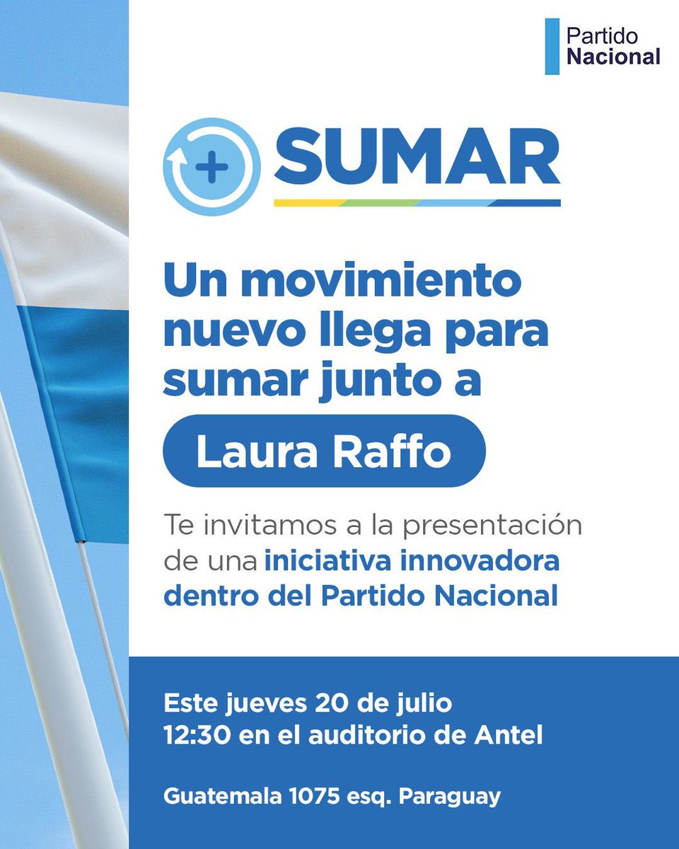 ComSocialUY's tweet photo. #YoElijoSUMAR 🙌🏽 este próximo jueves 20-07 junto a @LauraRaffo. 

Vení vos también a la presentación de una propuesta innovadora que llega para @sumar_uy . 

Los esperamos en el auditorio de Antel - 12:30hs
Guatemala 1075 esq. Paraguay https://t.co/pOwkZPP0cj