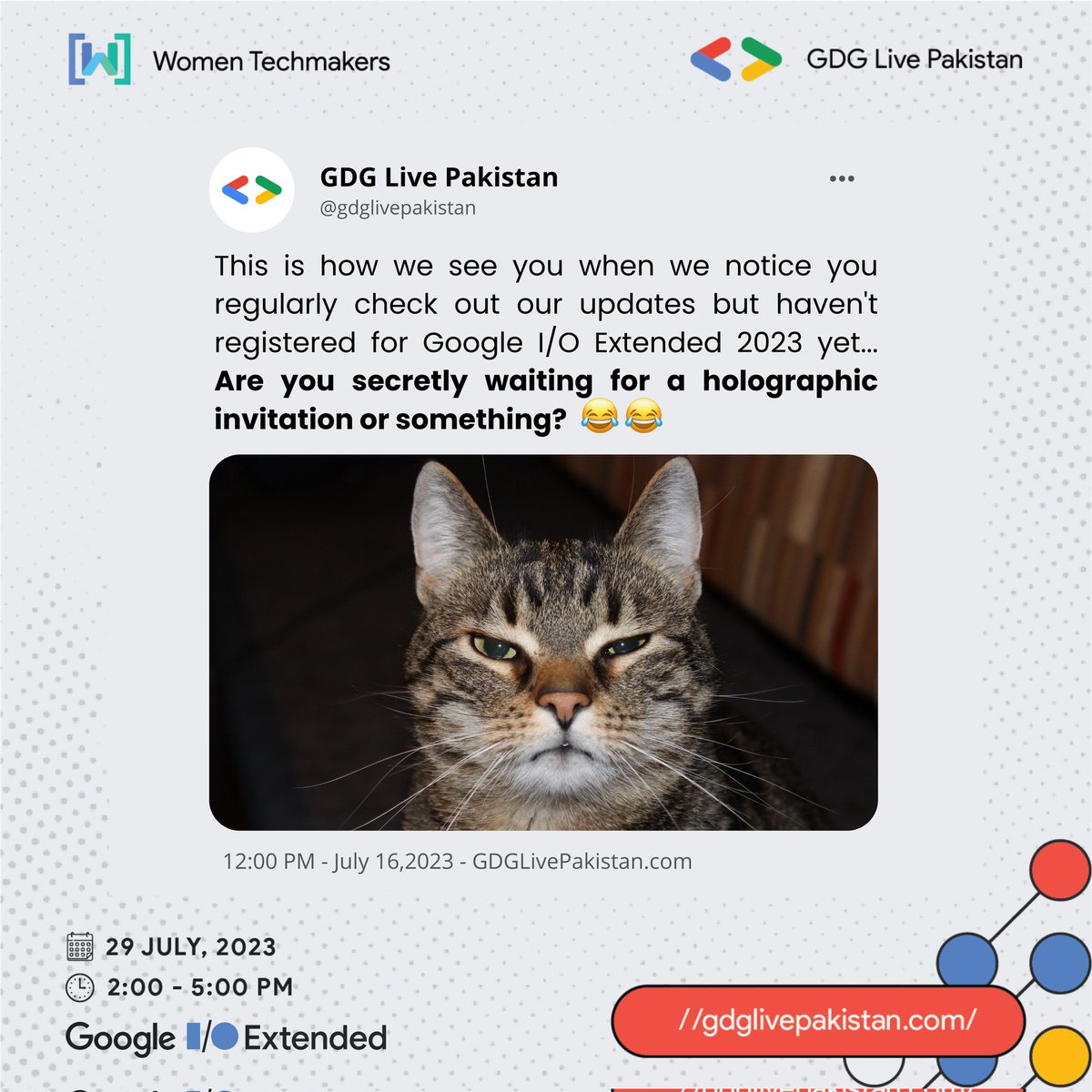 GDGLivePakistan's tweet photo. 🔍 Have you been caught red-handed? 😄
📅 29th July 2023
🕓 2:00 PM - 5:00 PM
📍 Online
🎫 For registrations https://t.co/S4gpnxrfJg
#GoogleIoExtended #GoogleIO #IO2023 #GDG #GoogleDevelopers #GoogleDevs #WomenTechmakers #GdgLivePakistan https://t.co/ppzVd3qjoe