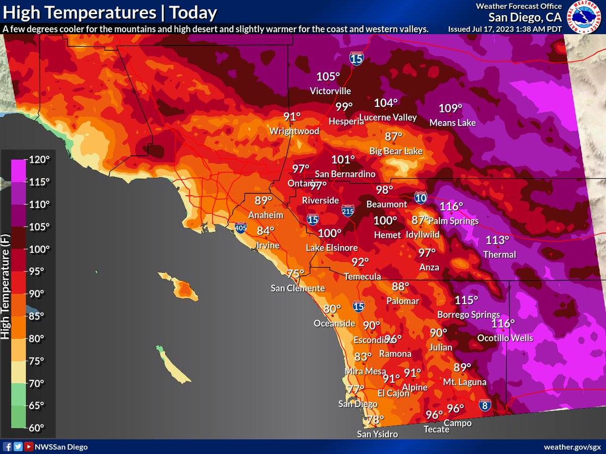 NWSSanDiego's tweet photo. 🥵 Folks, it's hot. Excessive Heat Warnings are still in effect for the Deserts, Mountains, and Inland Empire. 

⛈️ We also have slight chances for t'storms in the mountains this afternoon, though dry lightning will be a concern. 

#CAwx https://t.co/viZDbUKnhs