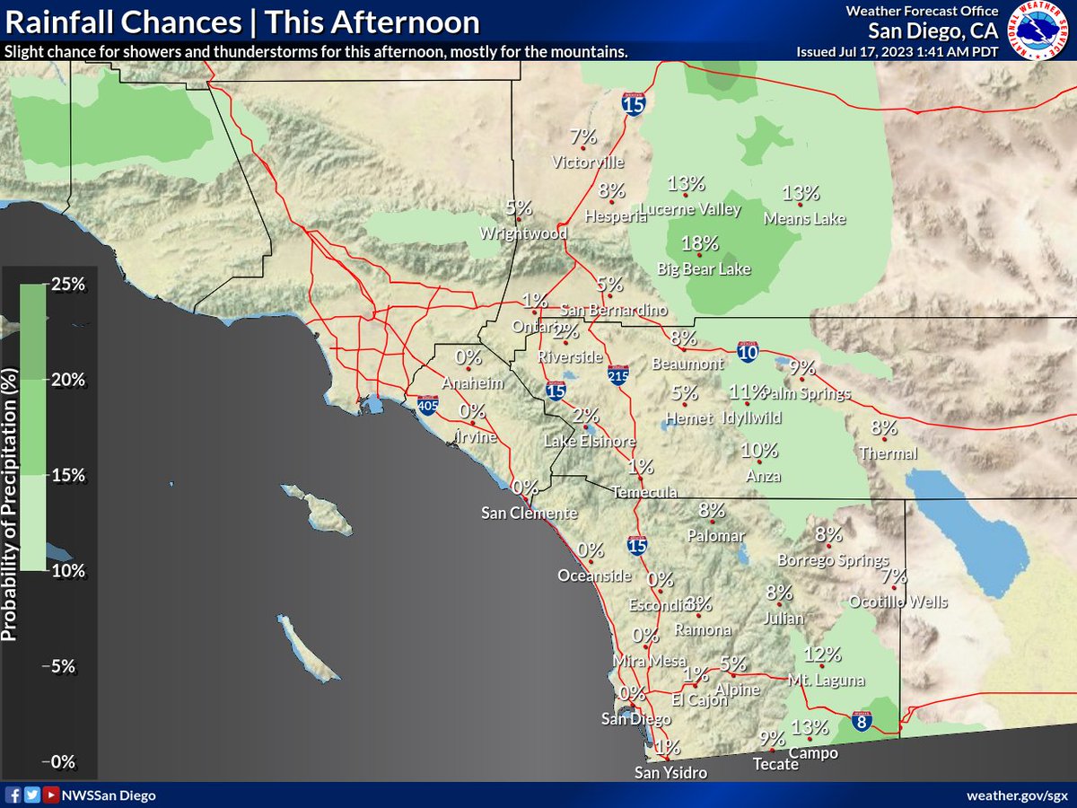 NWSSanDiego's tweet photo. 🥵 Folks, it's hot. Excessive Heat Warnings are still in effect for the Deserts, Mountains, and Inland Empire. 

⛈️ We also have slight chances for t'storms in the mountains this afternoon, though dry lightning will be a concern. 

#CAwx https://t.co/viZDbUKnhs