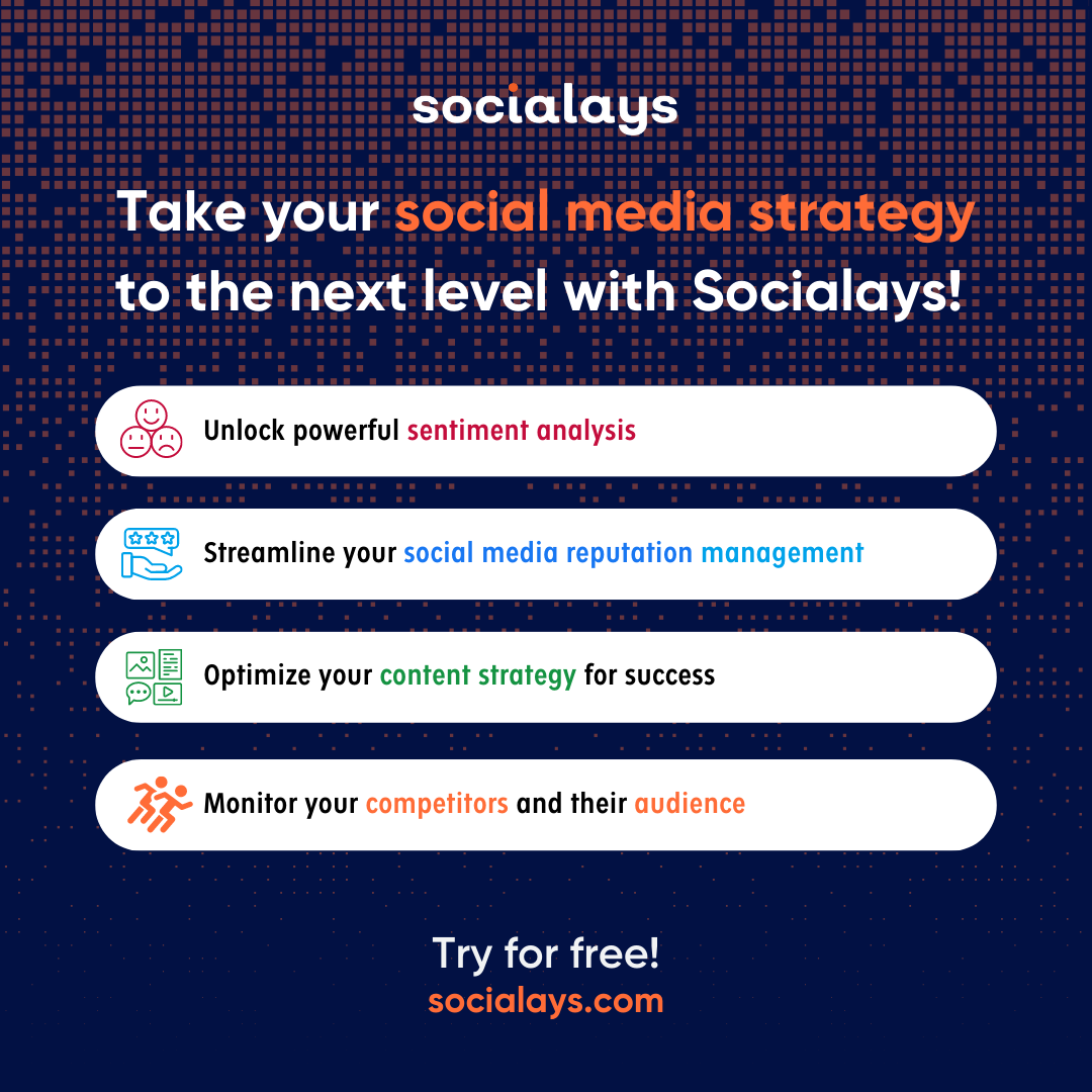socialays's tweet photo. 💼💥 Take your #socialmediastrategy to the next level with #Socialays! Unlock powerful #sentimentanalysis, streamline #reputation management, optimize your #contentstrategy, and stay ahead of competitors. Elevate your #brand's presence and achieve remarkable results! 📈✨ https://t.co/1v2jUaIpjc