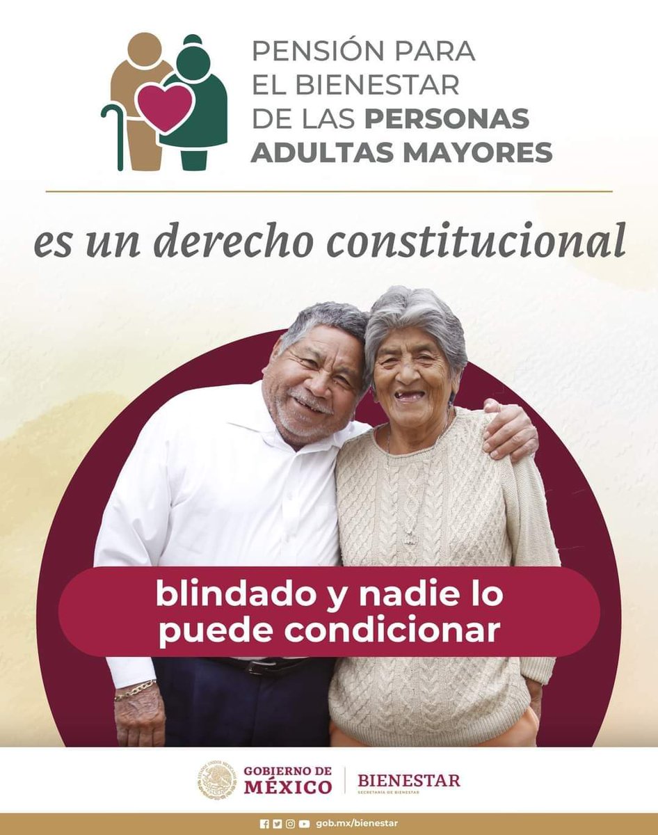 BienestarNL's tweet photo. Recuerda que la Pensión para el Bienestar de las Personas Adulto Mayor es un reconocimiento a las y los adultos mayores por todo lo que han dado y siguen dando a sus familias y a México.

#Bienestar #ProgramasYPensiones https://t.co/VsOidbNn2M