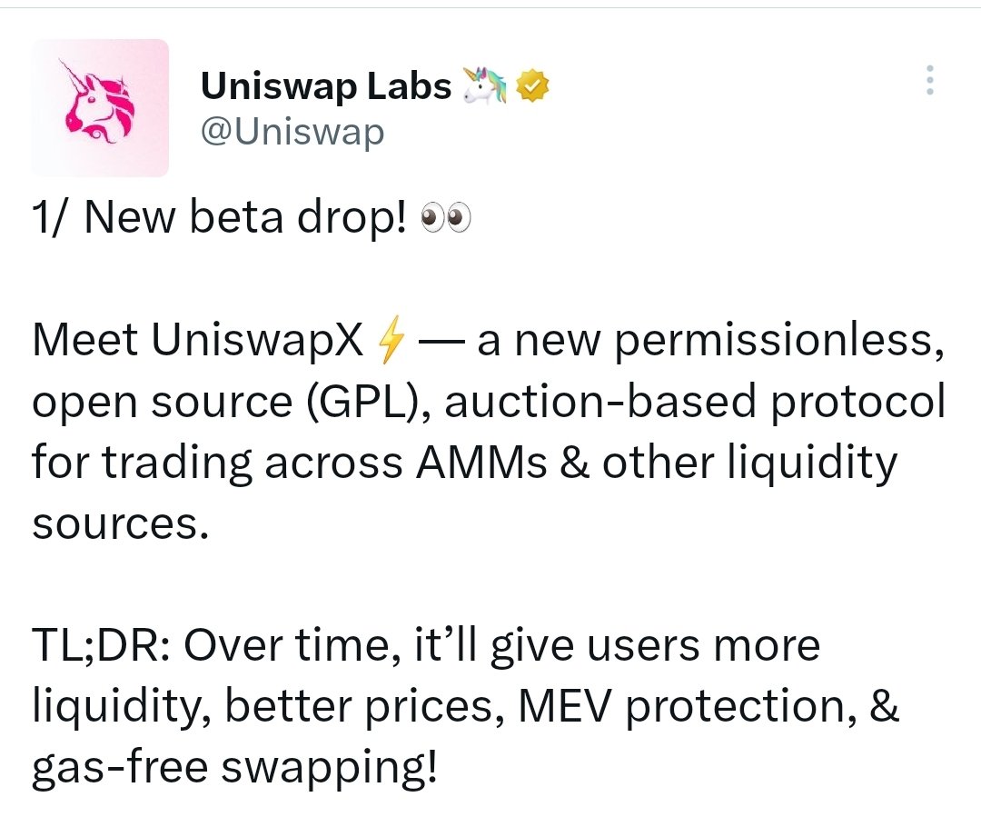 Uniswap釜底抽薪了... @Uniswap 宣布推出非托管的、基于荷兰式拍卖的协议UniswapX。将逐步实现：聚合流动性来源以提高兑换价值，防MEV，提供无Gas  交易（swap），失败的交易无成本，并将在几个月内扩展到支持跨链无