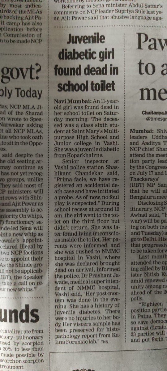 T1 STUDENT PASSED AWAY IN SCHOOL

A class 6 girl living with type 1 diabetes, aged 11 years was unconscious in the school toilet in a Navi Mumbai school &amp; eventually passed away. Read: 
bit.ly/3Q0iz80 + 

<a href="/bluecirclediab/">Blue Circle Diabetes Foundation</a>