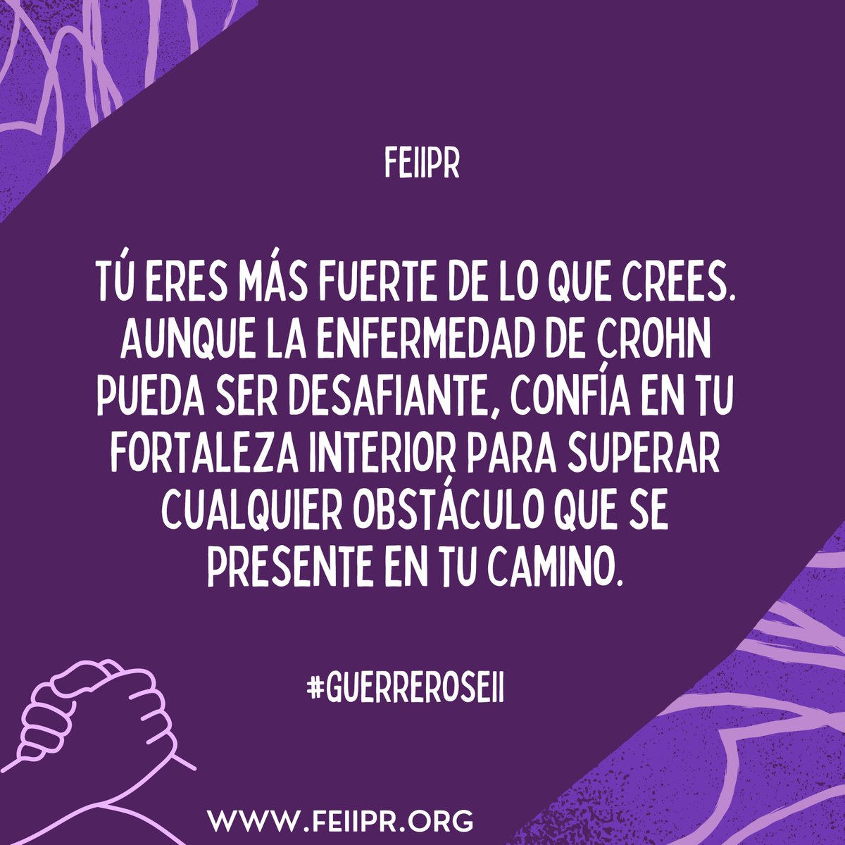 FEIIPR's tweet photo. 💜 Tú eres más fuerte de lo que crees. Aunque la enfermedad de Crohn pueda ser desafiante, confía en tu fortaleza interior para superar cualquier obstáculo que se presente en tu camino. 💜
 #FEIIPR
#GuerrerosEII
#HeroesEII
#ColitisUlcerosa
#EnfermedadDeCrohn
#CrohnWarrior https://t.co/tbrL818o2C
