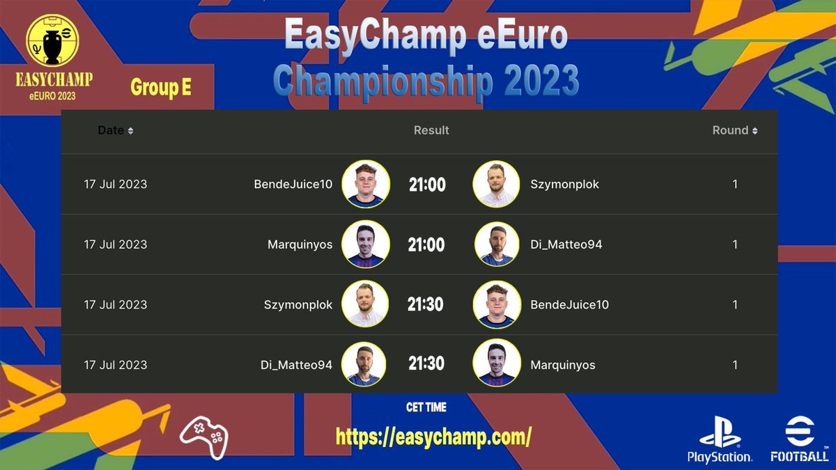 🎮 EasyChamp eEuro Championship 2023! 📺 #Preview 🗓 #ROUND1

🇭🇺 <a href="/BendeJuice7/">BendeJuice</a> 🆚 Szymonplok 🇵🇱 

🇪🇸 <a href="/goma_marc/">marquinyos</a> 🆚 Di_Matteo94 🇧🇦 

<a href="/EasyChampInc/">EasyChamp</a> 
<a href="/Malasombra21/">Malasombra</a> 

📲 Follow the results of tournaments on our website: easychamp.com

#eFootball2023 #eEuroChampioship