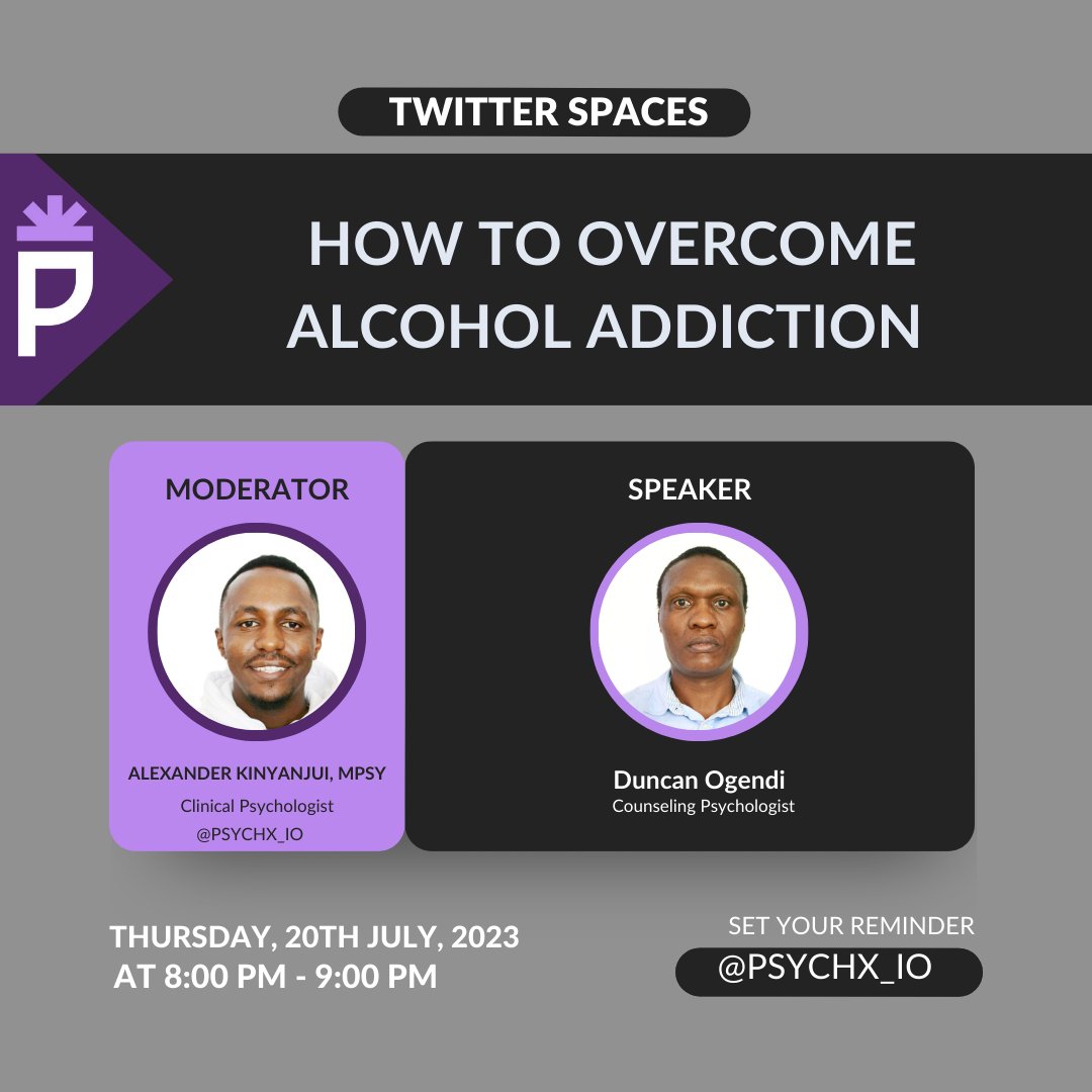 Are you an alcoholic? Do you want to break the chains of alcohol addiction?
Join our twitter space this coming Thursday at 8pm and get tips on how to overcome Alcohol addiction
#alcoholharms
#alcoholawarenessKE
#mentalhealth