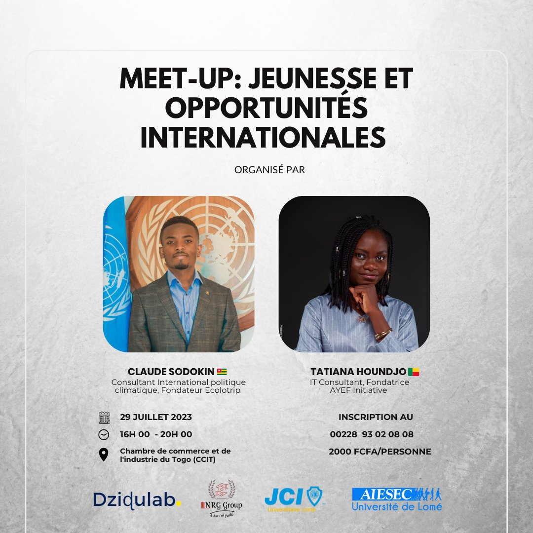Chers #jeunes, voici une #opportunité qui s'offre à vous.

Si vous êtes à #Lomé et ses environs, nous vs convions ce 29 juillet 2023 à 16h GMT à la CCIT pour parler d'opportunités #internationales.

Inscrivez-vous au +228 93020808
Frais de participation : 2000 fr.
<a href="/ClaudeSodokin/">Claude Sodokin</a>