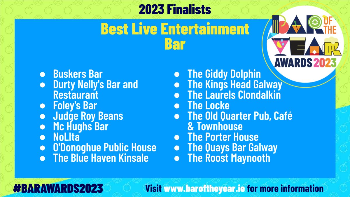 BarofTheYear (@baroftheyear) on Twitter photo A huge congratulations to the finalists for Best Live Entertainment Bar...
<a href="/buskersbar/">Buskers Bar</a>
<a href="/DurtyNellysIRL/">Durty Nelly's</a>
<a href="/FoleysDublin/">Foleys</a>
<a href="/nolitadublin/">NoLIta Dublin</a>
<a href="/bluehavenkinsal/">The Blue Haven Collection</a>
<a href="/LaurelsClondalk/">Laurels Clondalkin</a>
<a href="/TheLockeBar/">The Locke Bar</a>
<a href="/OldQuarterL/">The Old Quarter Pub, Cafe & Townhouse</a>
<a href="/QuaysBarGalway/">Quays Bar Galway</a>
<a href="/RoostMaynooth/">Roost Maynooth</a>
#BarAwards2023 A huge congratulations to the finalists for Best Live Entertainment Bar...
<a href="/buskersbar/">Buskers Bar</a>
<a href="/DurtyNellysIRL/">Durty Nelly's</a>
<a href="/FoleysDublin/">Foleys</a>
<a href="/nolitadublin/">NoLIta Dublin</a>
<a href="/bluehavenkinsal/">The Blue Haven Collection</a>
<a href="/LaurelsClondalk/">Laurels Clondalkin</a>
<a href="/TheLockeBar/">The Locke Bar</a>
<a href="/OldQuarterL/">The Old Quarter Pub, Cafe & Townhouse</a>
<a href="/QuaysBarGalway/">Quays Bar Galway</a>
<a href="/RoostMaynooth/">Roost Maynooth</a>
#BarAwards2023