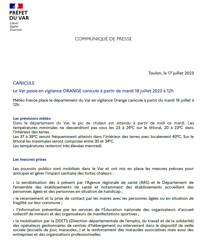 Prefet83's tweet photo. #Canicule | 🟠 Météo-France place le #Var en vigilance ORANGE canicule à partir de mardi 18 juillet à 12h. 
✅ Les mesures prises et les conseils de comportement dans le communiqué de la préfecture⤵️
➕d'infos 👉https://t.co/MrE07tTve0 https://t.co/acAa9SFDc5