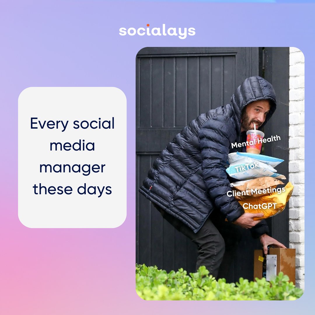 socialays's tweet photo. Whether it's managing multiple platforms, staying on top of trends, juggling TikTok dances, or enduring endless client meetings, we're the ultimate multitasking superheroes! 💪🌟 Cheers to all the social media managers out there! 🥂🎉 #meme #SocialMediaManagerLife https://t.co/1cF3Cl65w2