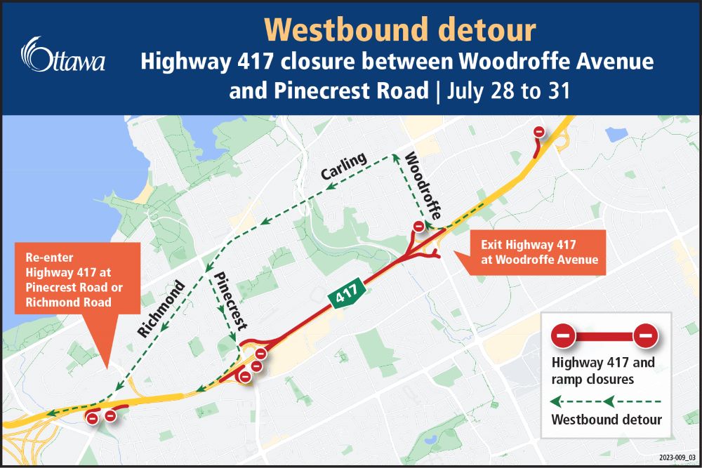 A map providing visual of the Westbound detour for Highway 417 closure between Greenbank Road and Woodroffe Avenue from July 28 to 31 as part of the Stage 2 West extension to install a pedestrian bridge.
Visit the link in the post for full details.