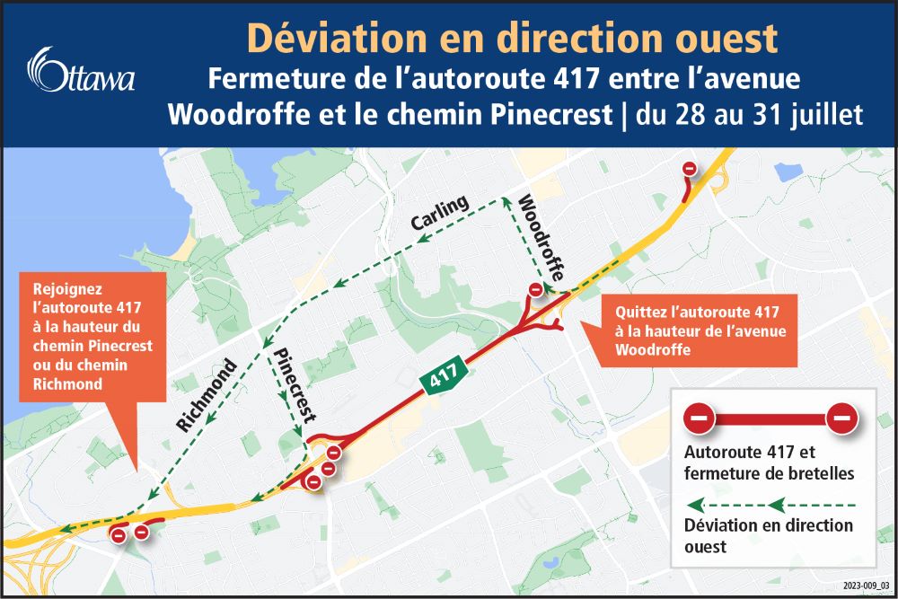 Carte illustrant le déviation en direction ouest pour la fermeture de l'autoroute 417 entre le chemin Greenbank et l'avenue Woodroffe du 28 au 31 juillet dans le cadre du prolongement vers l’ouest de l’Étape 2 et de l’installation d’une passerelle.
Cliquez sur le lien qui figure dans le message pour obtenir plus de détails.