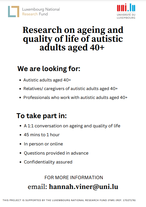 Sharing this for a fellow PhD student Hannah Viner who doesn't use twitter, who is looking for #ActuallyAutistic participants aged 40+, their caregivers and professionals. Please retweet.