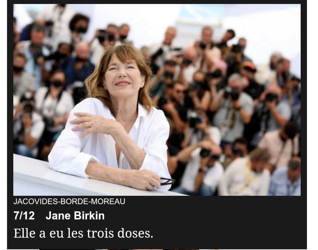 AgretDenis's tweet photo. #JaneBirkin 76 ans
3 doses covid, c'est officiel...
Dommage et triste.
Elle est morte à cause des 3 doses !
https://t.co/rTWCDfDL8q
Repose en Paix. Tu nous a fait vibrer avec Serge.
Ça rend triste, vraiment 😭😭😭
Macron, Veran, Braun responsables ?https://t.co/gUHAwvGtIG https://t.co/lSasYnlti9