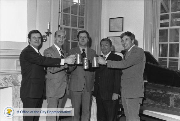 HistoricPHL's tweet photo. February 11, 1976: City Tavern - Reopening of City Tavern at 2nd and Walnut Streets: Al Gaudiosi (City Representative) et al. 
https://t.co/oqElU20hKA https://t.co/oL6I2EeVDI