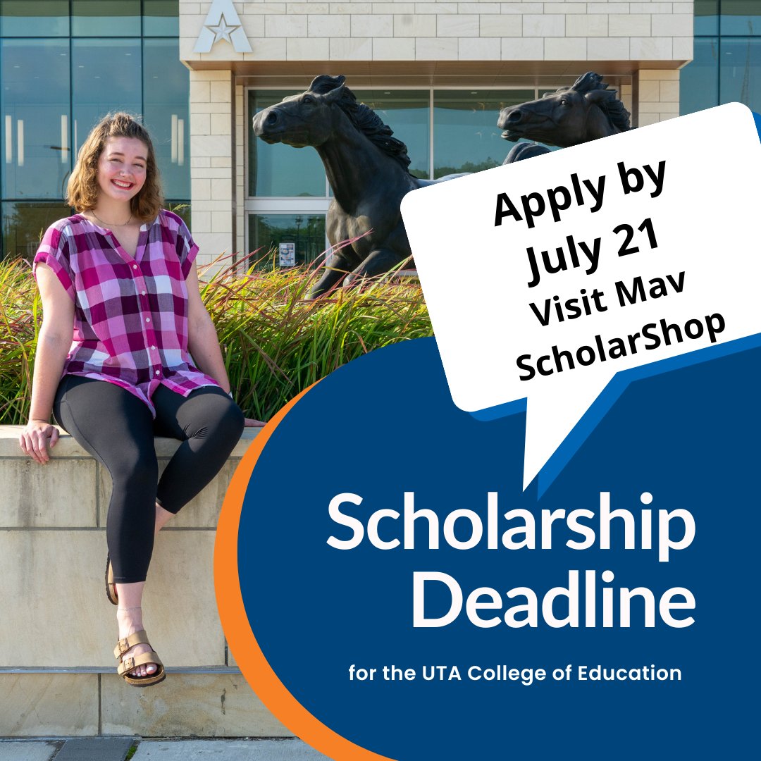 UTAeducation's tweet photo. 🧡💙‼️Hey Mavs! Our fall scholarship deadline TOMORROW, July 21, for the College of Education! Visit #UTA's scholarship database -- MavScholarShop -- for deadlines/requirements and to apply. The website is https://t.co/Sygzni9xc1. Good luck! 🥳🍀😃 https://t.co/D0GQS2NkfI