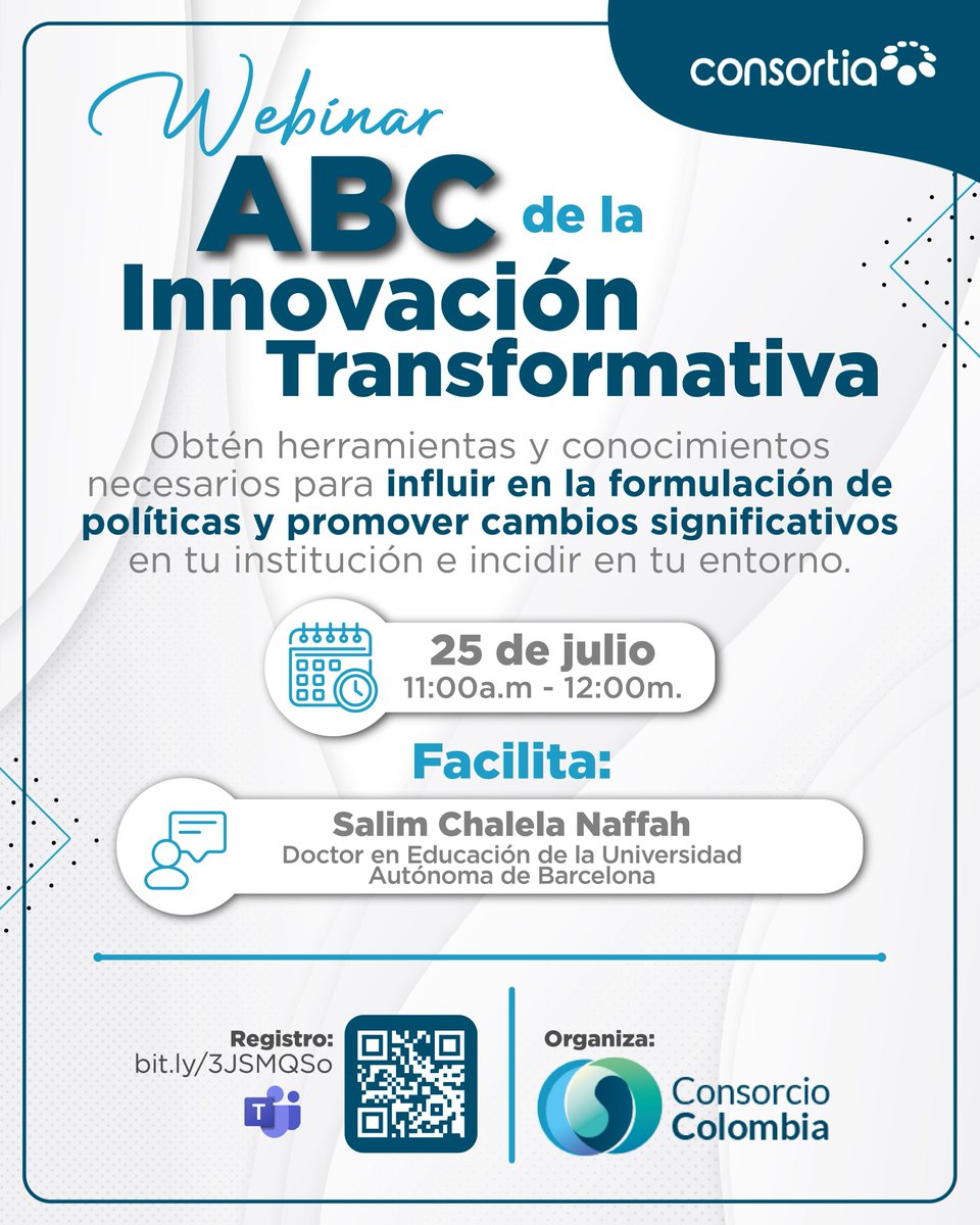 ConsorcioColom1's tweet photo. ¿Estás listo para potenciar tu creatividad y colaboración en la búsqueda de soluciones #innovadoras?

Regístrate en este evento y aprende a diseñar estrategias efectivas que aborden los retos sociales en tu entorno

🗓️25 de Julio
🕚11 am - 12 m
Registro: https://t.co/XjyW1BtbZi https://t.co/yR6esvIlSv