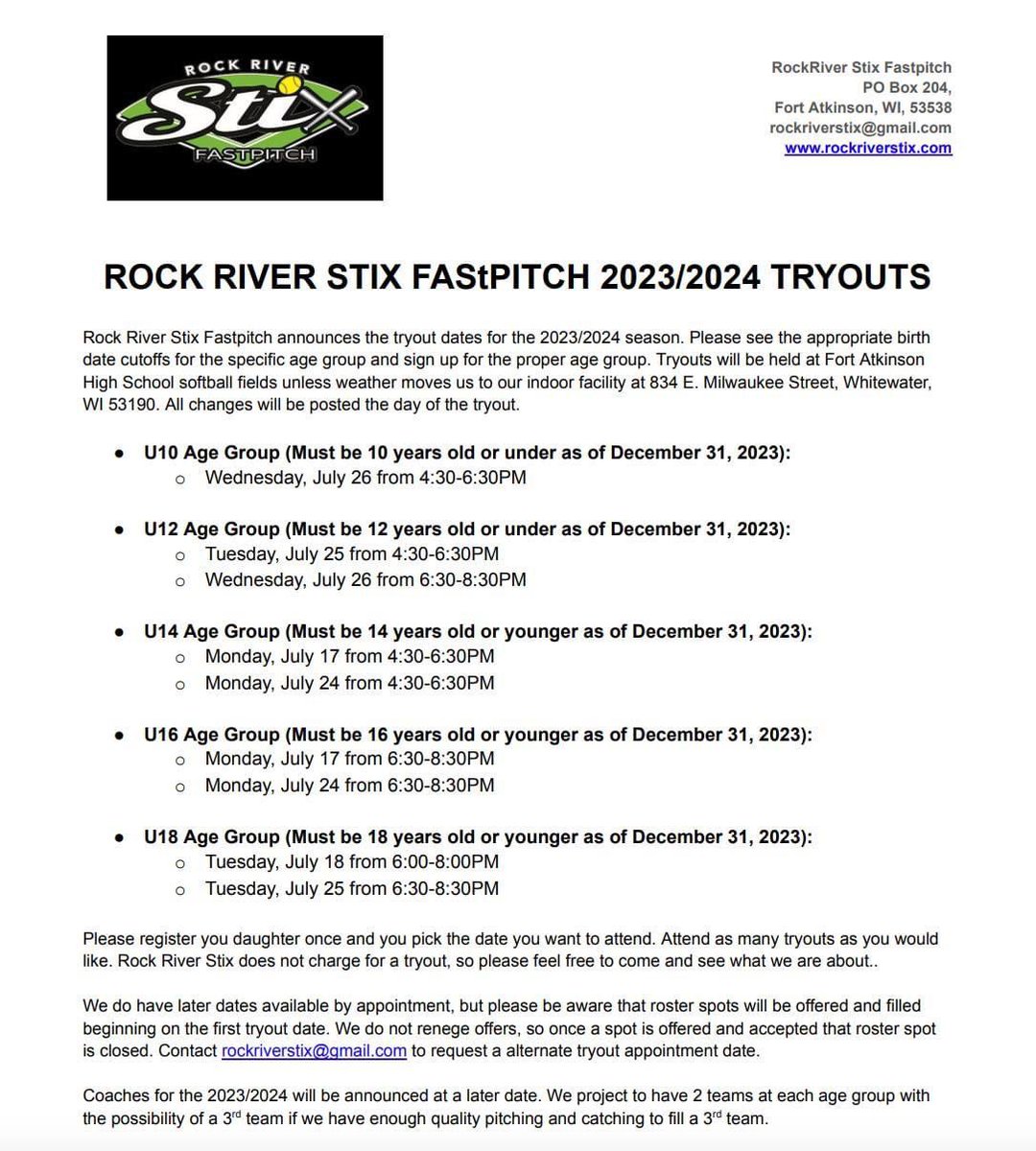 Tryout dates are set; Tuesday July 18 and Tuesday July 25! We will be moving up to 18U. We will play a very competitive schedule; 18B level with some PGF and low A tournaments.