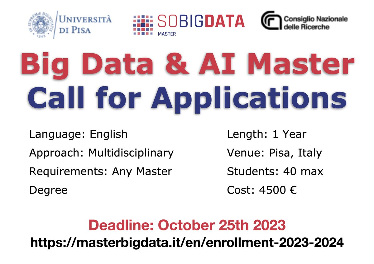 Want to deal with #BigData using #artificialintelligence #deeplearning #machinelearning and #DataScience?
Join the Master in #BigData and #AI!
#deadline of the #CallforApplication: 25 Oct 2023 #datajournalism #socialsciences #Pisa masterbigdata.it/en/enrollment-…