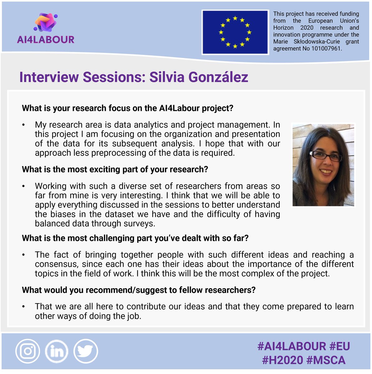 Please tune in to our #AI4Labour researchers for their interview sessions. Let’s see what Dr. Silvia González González from ITCL is telling us about the project 👇

#H2020 #EU #MSCA