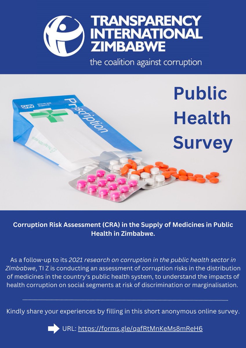 As a follow-up to our study on corruption in the public health sector in Zimbabwe, TI Z is conducting a Corruption Risk Assessment on the distribution of medicines in the country's public health system. 
Be part of this research and share your experiences:
docs.google.com/forms/d/e/1FAI…