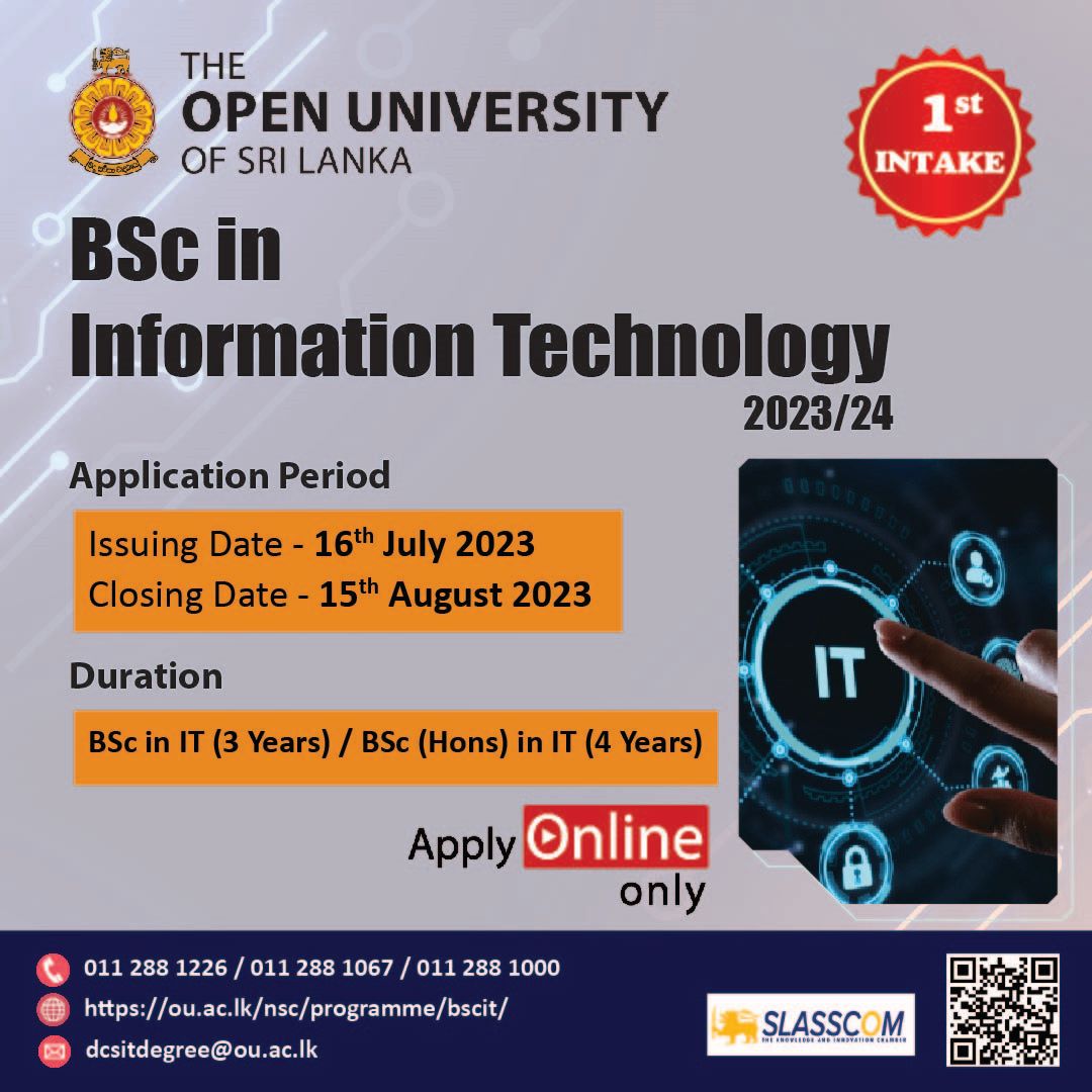 🎓 BSc in IT at Open Univ. of Sri Lanka! 

📝 Admission: Min. 3 pass grades in G.C.E A/L.
 
🔗 Apply via: ou.ac.lk/nsc/programme/…

📅 Closing Date: Aug 15, 2023

✨

#HigherEducation
#ITDegree
#SriLankaEducation
#ITJobs
#OpenUniversityOfSriLanka
