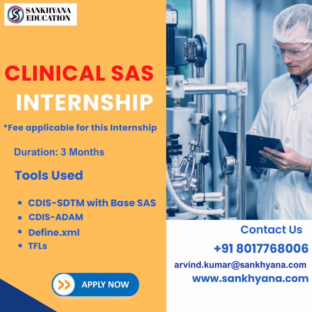 sankhayana's tweet photo. 🌟 Excel in Clinical SAS with our Specialized Training Program! 🩺💻
Registered Here:- https://t.co/AM8hSthSxS
arvind.kumar@sankhyana.com
https://t.co/54iIQjVfa0
#ClinicalSAS #DataManagement #CareerOpportunities #HandsOnLearning #ClinicalTrials #CDISCStandards #sascourse https://t.co/RjfNv4QuXN