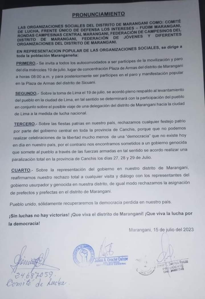 #WillanakuyCusco. Crece rechazo a gobierno de Dina Boluarte. En mayoría de localidades habrá marchas y enviarán delegaciones a 3ra toma de Lima. Las organizaciones de Maranganí - Canchis - Cusco, también anunciaron su participación en protestas contra Dina Boluarte y el Congreso