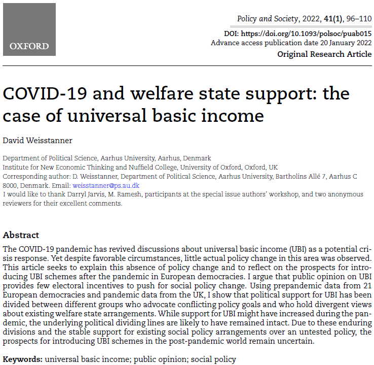 #ThrowbackMonday #weeklyreading 

How and why are health crises insufficient to trigger #socialpolicy change❓

In <a href="/PolicySociety/">Policy & Society Journal</a>'s Vol.41(1), <a href="/DWeisstanner/">David Weisstanner</a> shows why #UniversalBasicIncome has not gained a strong ground during #COVID19 👇

academic.oup.com/policyandsocie…
