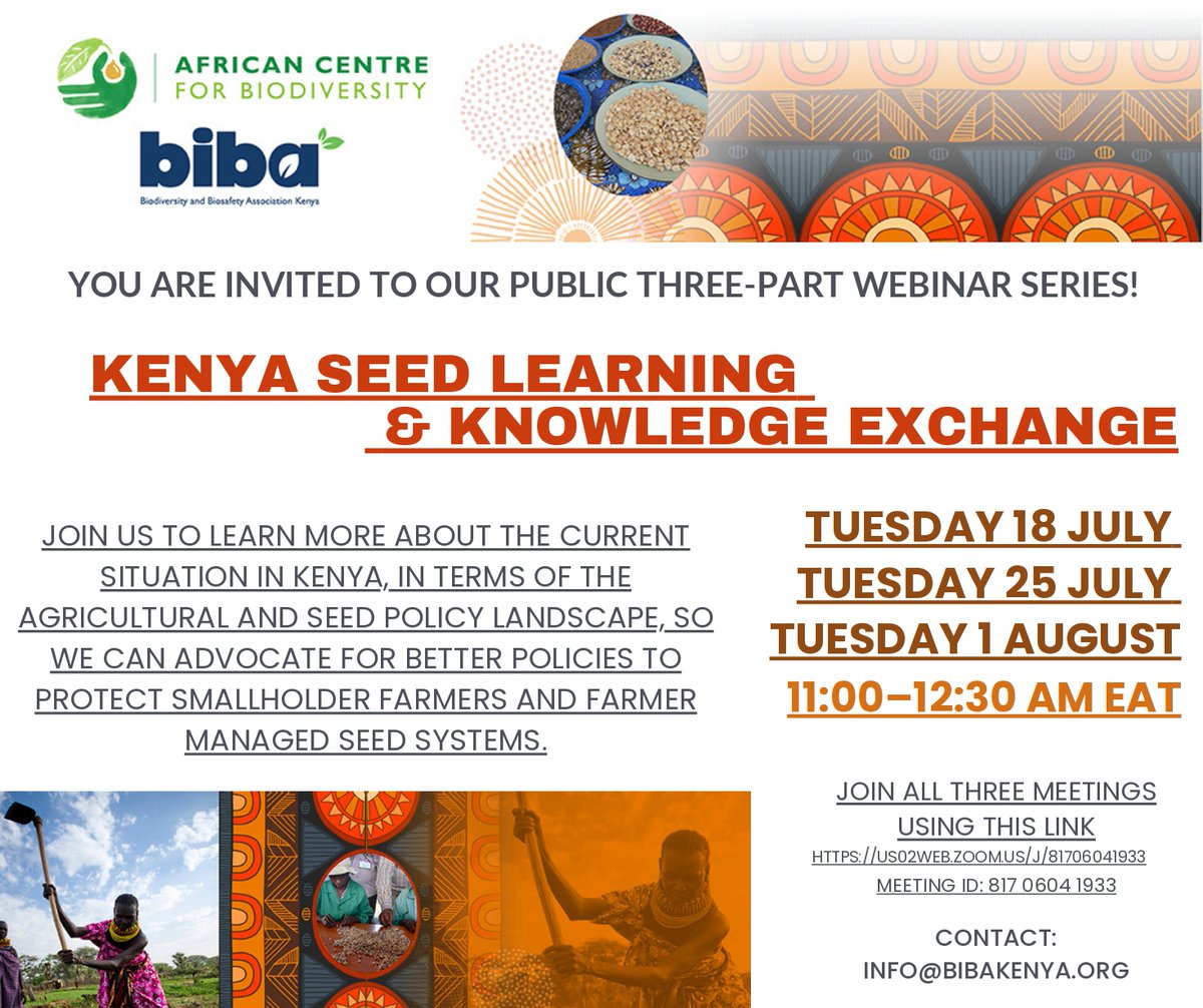 Kenya Seed learning and Knowledge Exchange!!!@_ACBIO  
Will be commencing tomorrow 18th July 2023, join us to learn about the policy lanscape affecting our seed sector in Kenya. Click on the link to follow virtually.
US02WEB.ZOOM.US/J/81706041933
#MySeedMyRight
#SeedSovereignty