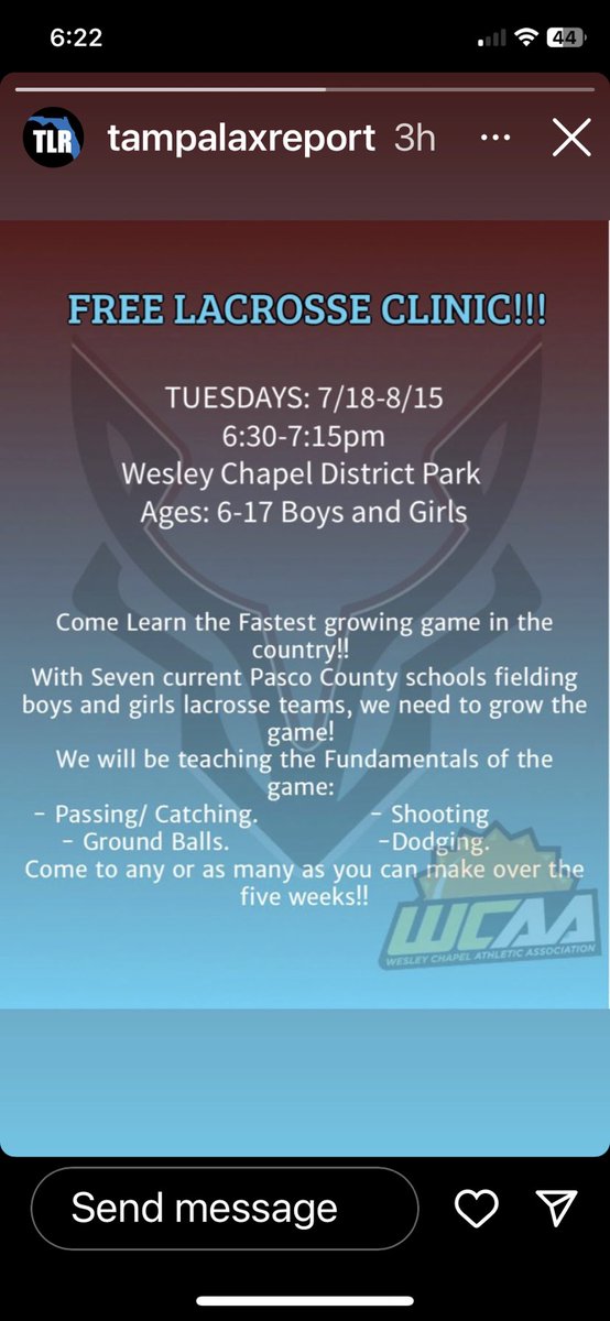 tampalaxreport's tweet photo. Free Lacrosse Clinic in Wesley Chapel on Tuesdays 6:30-7:15pm
Great opportunity to try out the sport. Please share with someone you know wanting to try lacrosse
#growthegame
@TampaLacrosse 
@FloridaLX https://t.co/FrZKMR3h81