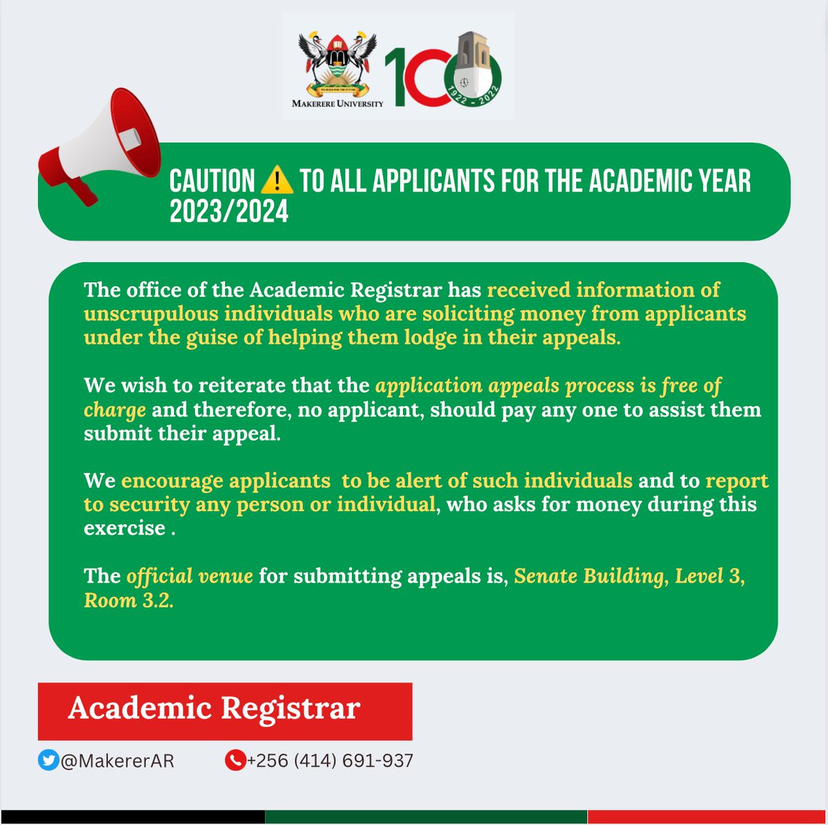 📌PUBLIC NOTICE !!! Applicants for the August intake are hereby notified to take extra caution against masqueraders and unscrupulous individuals during the ongoing application appeal exercise. @DICTSMakerere @BUYINZAMUKADAS1 @Makerere @MakerereNews @OfficialMubs @DOS_Makerere