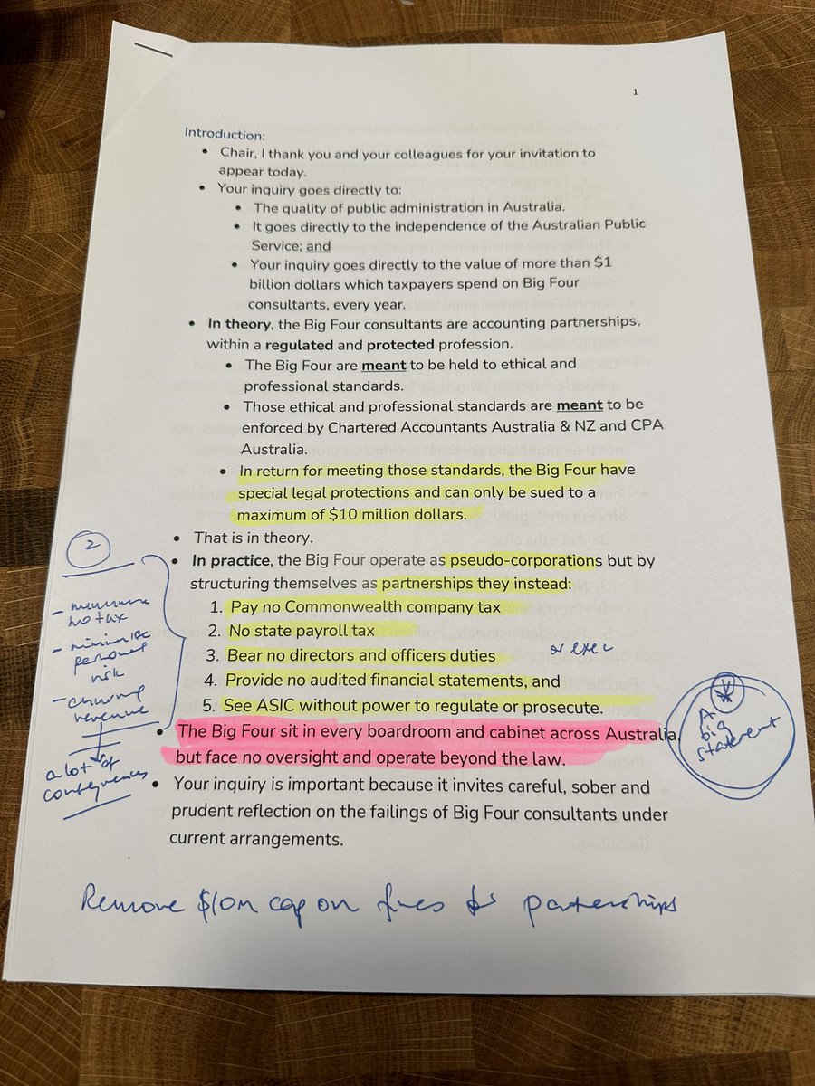 For those of you wondering whether Big 4 partnership structure has tax and other advantages over a corporation, read p1 of Brendan Lyon’s opening statement to Senate Inquiry today. Note points 1-5. Less tax, risk, regulation. Straight to the 🏦 - On the back of Oz taxpayers.