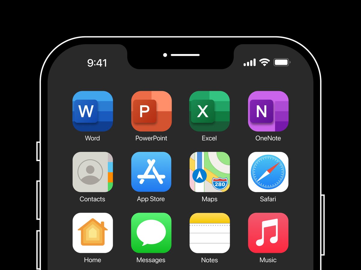 Mobile view of redesigned icon concepts for Microsoft Word, PowerPoint, Excel, and OneNote.

🏀 Dribbble Link: dribbble.com/shots/21747429…