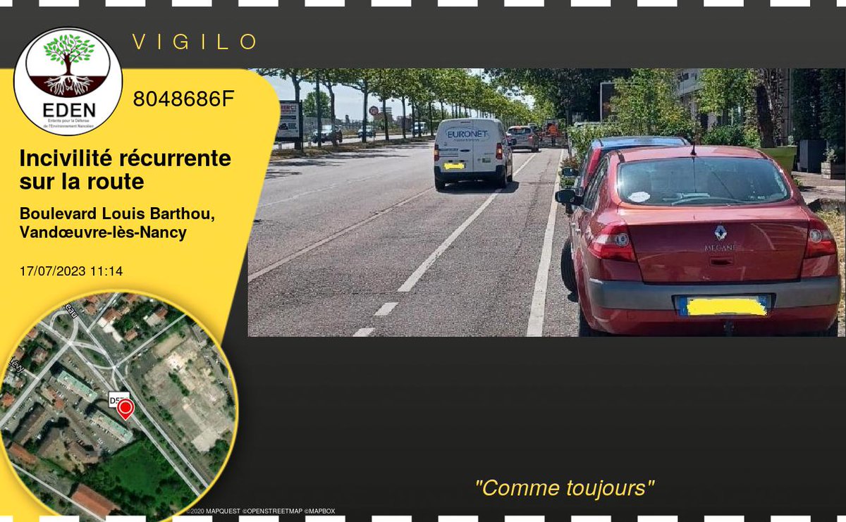 VigiloNancy's tweet photo. Comme toujours à #VandœuvrelèsNancy (Incivilité récurrente sur la route - 8048686F) https://t.co/SI03KybO9u
