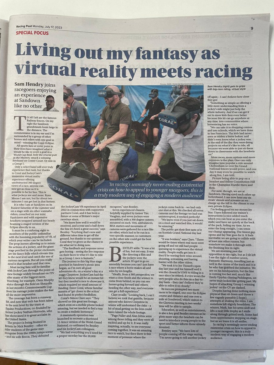 Many thanks <a href="/shendrysport/">Sam Hendry</a> and <a href="/RacingPost/">Racing Post</a> for a brilliant article showcasing our #JockeyCamVRExperience for <a href="/Coral/">Coral</a>. 

We'll always be grateful for the trust of <a href="/SiClare/">Simon Clare</a> for helping us to turn our vision into reality! #JockeyCam #Innovation