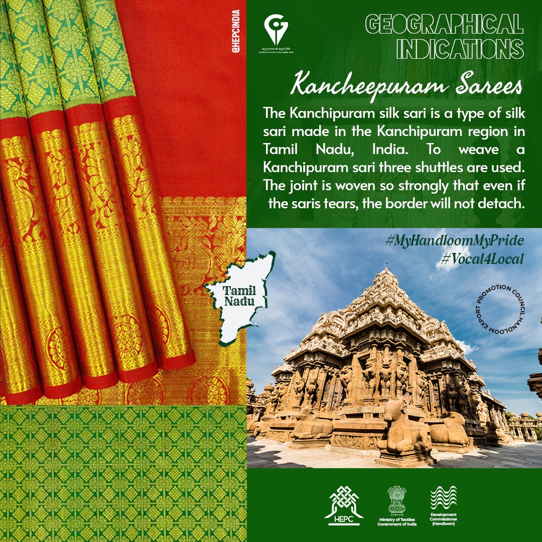 #weavesofindia #GITag #handloom #Vocal4Local #TamilNadu #kancheepuram #saree @TexMinIndia @DoC_GoI @incredibleindia Image credit: @Gitag_India