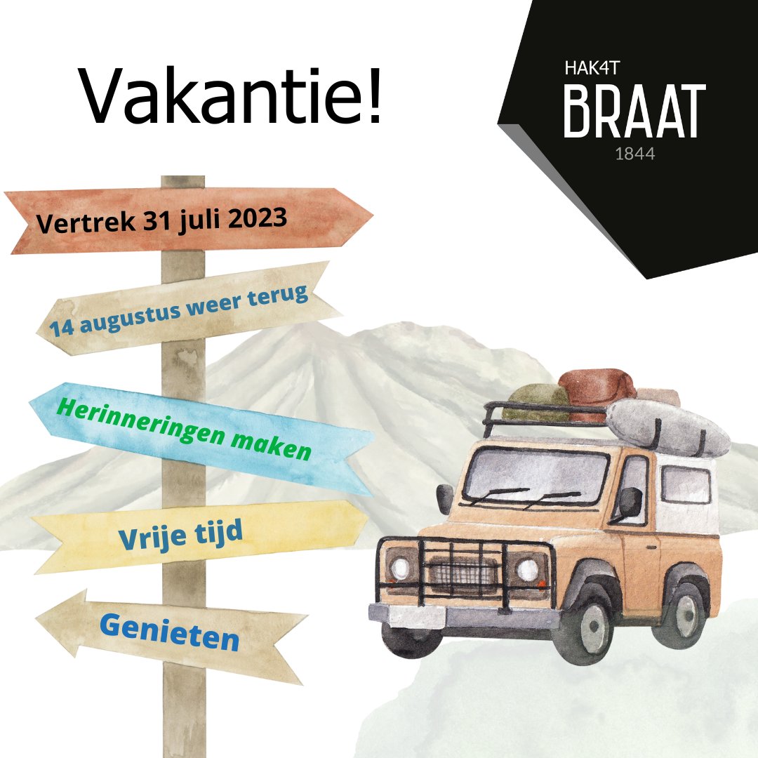 Braat1844's tweet photo. Vanaf maandag 31 juli gaan wij genieten van een welverdiende vakantie! ☀😎. Daarom zijn we tot en met 11 augustus gesloten. Voor dringende zaken kun je tijdens deze periode een mail sturen naar info@hak4t.com.
 
Wij willen je een hele fijne en zomer(vakantie) toewensen! https://t.co/gINDWqvFH7