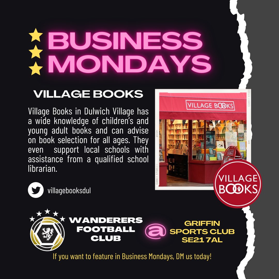 wanderersafc's tweet photo. It's Monday, so it's business time!

As part of our #LocalLift for #Dulwich, we are publicising businesses who do good in the area.

Today, it's @villagebooksdul who have an in-store librarian to help kids, parents, &amp; schools choose the right read.

#Wanderers #TheWorldsClub #WFC https://t.co/h1Se2lPEPU