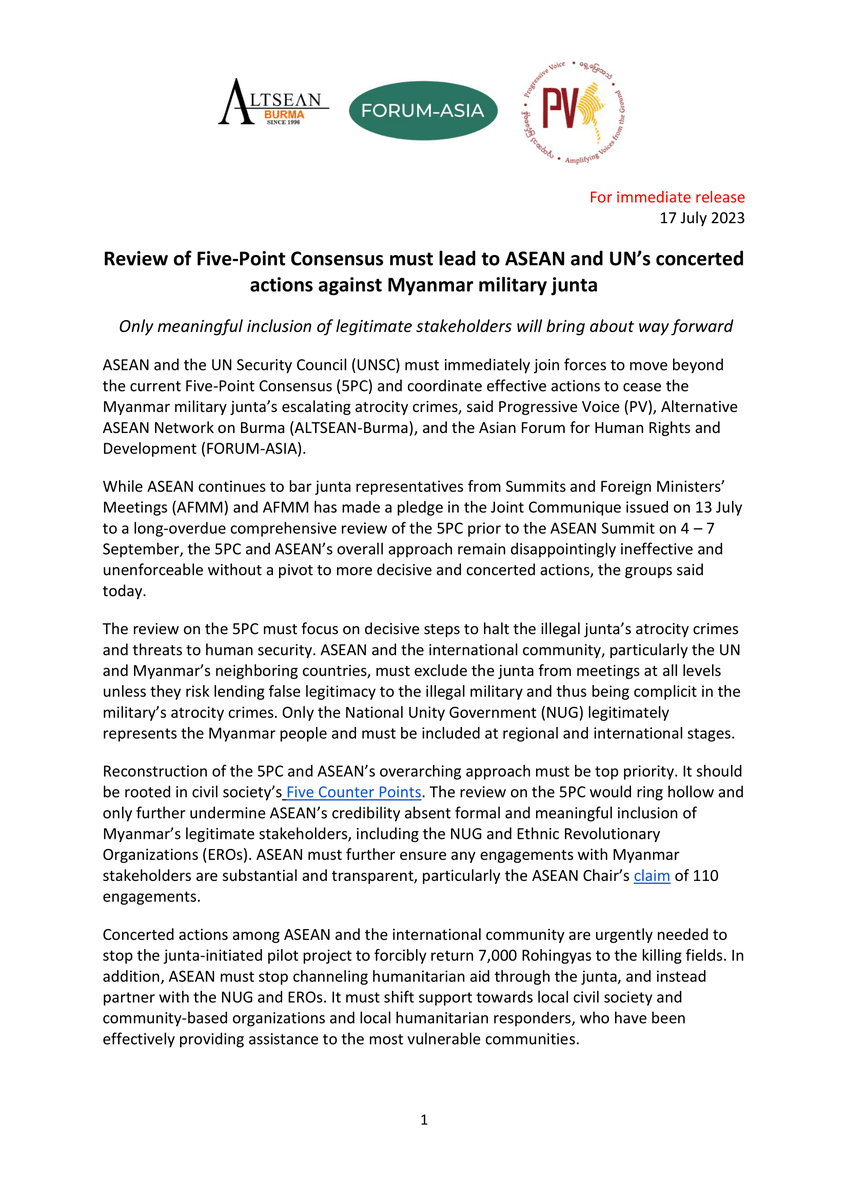 PVamplify's tweet photo. 📢 PV, @Altsean &amp; @forum_asia call on #ASEAN &amp; #UNSC to move beyond #5PointConsensus &amp; coordinate actions to cease military junta’s atrocity crimes.

@ASEAN must rectify current approach &amp; include #Myanmar's legitimate actors in the review of 5PC.

🔗 https://t.co/eiMwAUJUFO https://t.co/lpzjRYYvxU