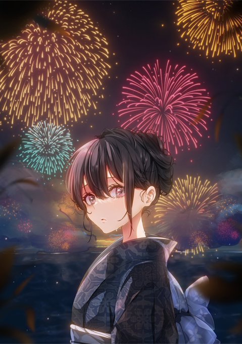 「aerial fireworks black hair」 illustration images(Latest)