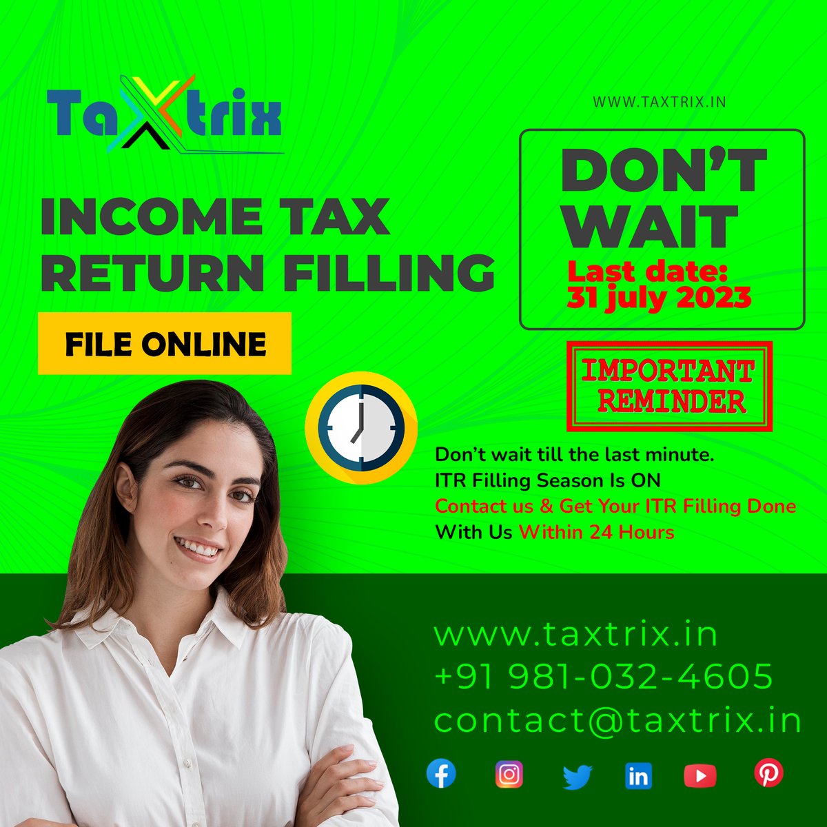 TaxtrixAdvisory's tweet photo. Get Your ITR Filling Done With Taxtrix Within 24 hrs.
Learn more: https://t.co/XG6oMR3fLf
#itrfilling #taxfilling #incometaxreturn #taxtrix #taxtrixadvisory #taxreturnfilling https://t.co/HZrM7bkUNy