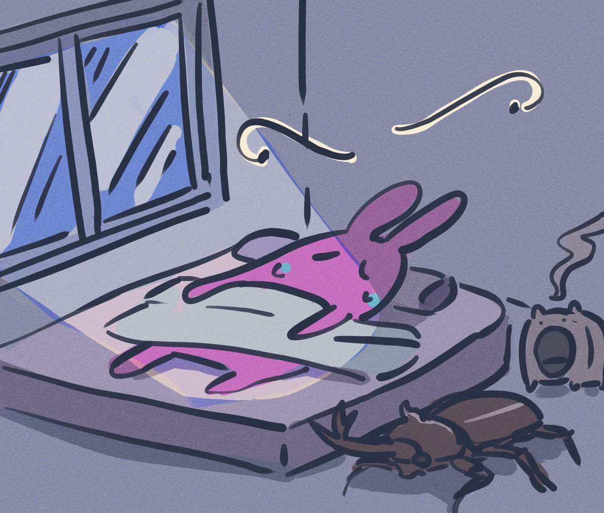 「ウサギVS虫」|おむらいぬのイラスト