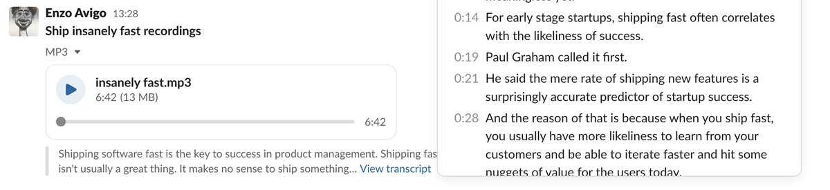 [Hack to get free transcripts]

Never pay for a transcript again.

1. Upload your file on a Slack channel
2. Click "view transcript"
3. 😃

RT to save the world a bunch of $$