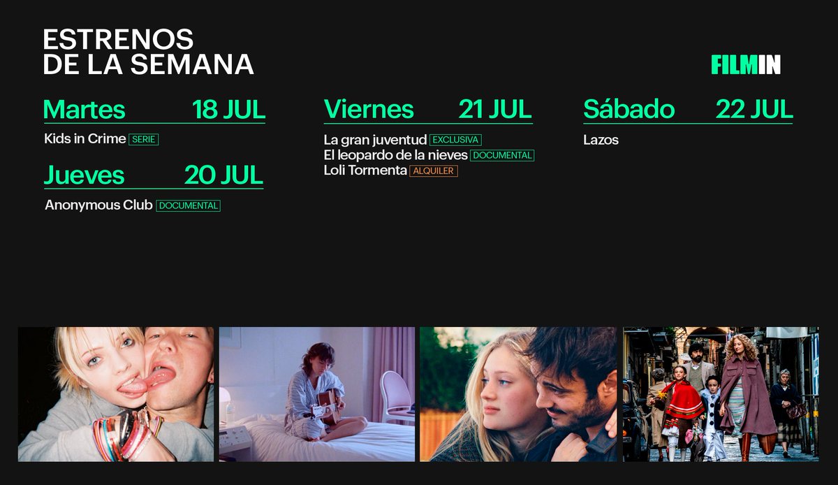 Filmin's tweet photo. Buena semana esta tambiรฉn.#Estrenos
๐Violencia, drogas y tecno, o lo que es lo mismo: #KidsInCrimen.
๐ญNos colamos en la escuela de interpretaciรณn Les Amandiers con #LaGranJuventud de Valeria Bruni Tedeschi.
๐ถ#AnonymousClub, el documental sobre la cantautora Courtney Barnett. https://t.co/liCjPJyFnh