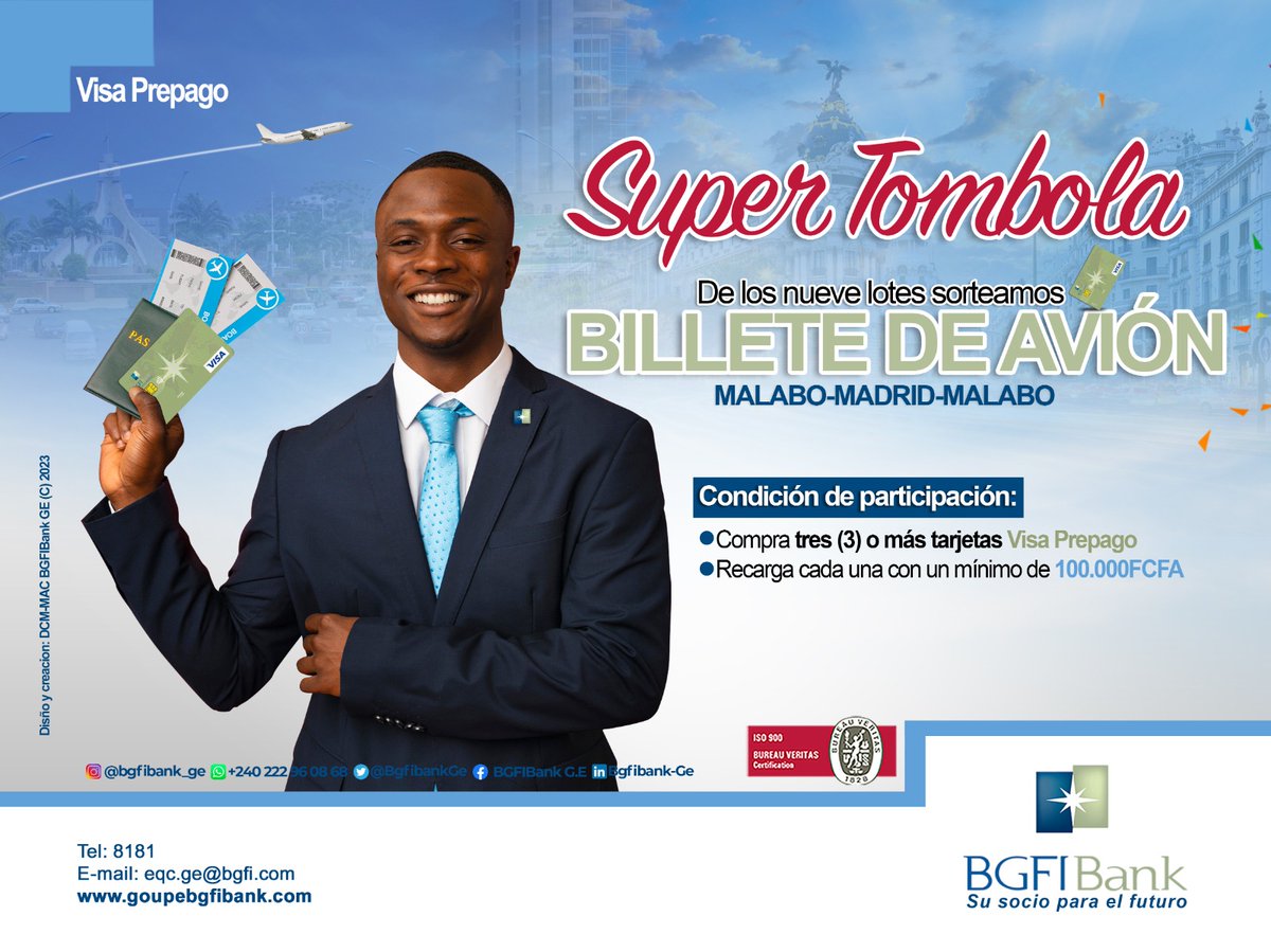 Estas vacaciones, EXCEPCIONALMENTE en BGFIBank G.E., puedes ganar un BILLETE GRATUITO (Malabo-Madrid-Malabo) por la compra y la recarga de más de tres (3) tarjetas bancarias VISA Prepago.

Solicítalas en la agencia más cercana y accede al Sorteo Vacacional VISA PREPAGO.